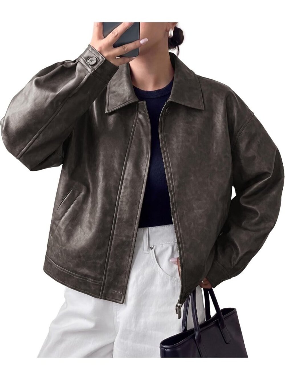 Women's Grey Leather Lapel Collar Cuff Sleeve Dropped Shoulders Bomber Jacket